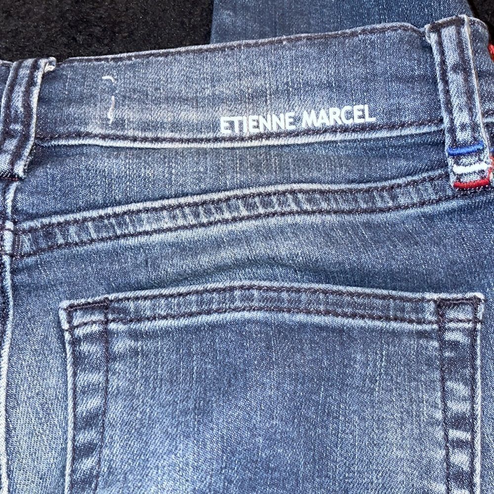 Etienne Marcel Tammy Side Stripe Skinny Double Red Ribbon High Low Raw Hem Jeans - Picture 8 of 8